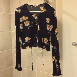 Black Floral Tie Front Blouse